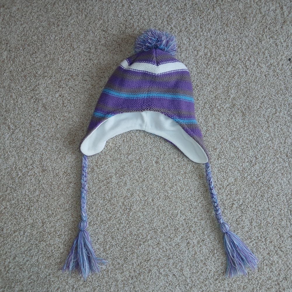 Screamer Trapper Hat With Tassles Purple and White Women's One Size